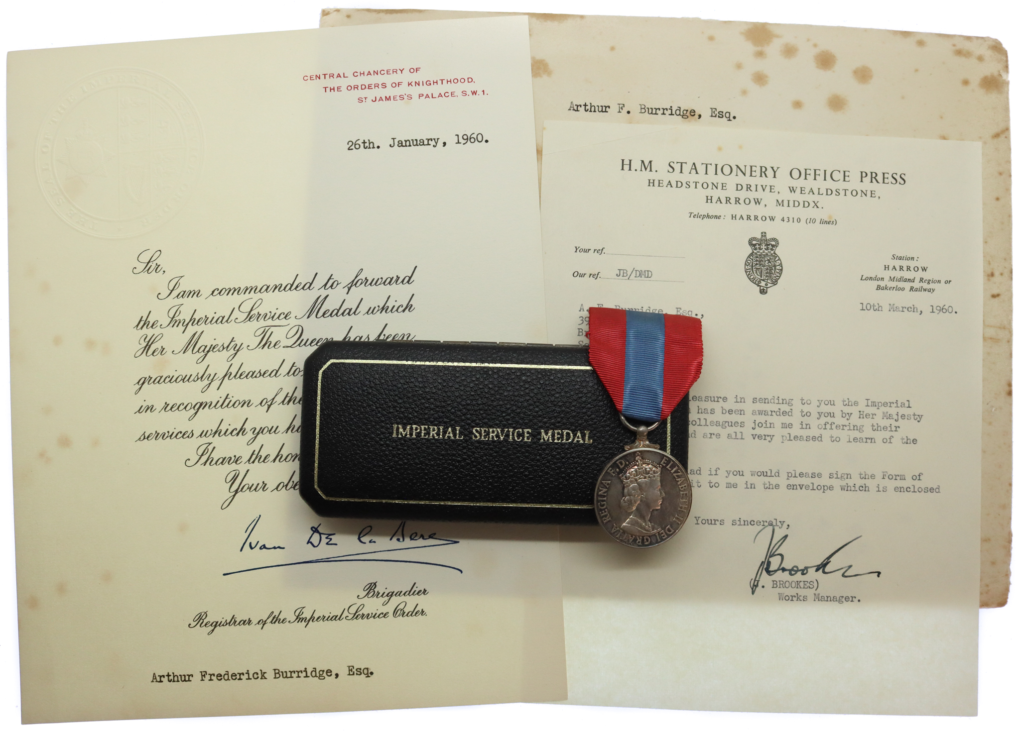 EIIR Imperial Service Medal in Box with Award Certificate & Letter - Arthur Frederick Burridge, H.M. Stationery Office