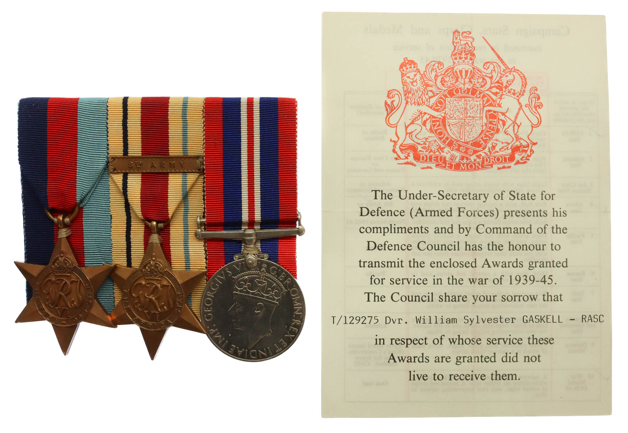 WW2 Popski's Private Army Casualty Medal Group of Three - Driver (Private) W.S. Gaskell, R.A.S.C.