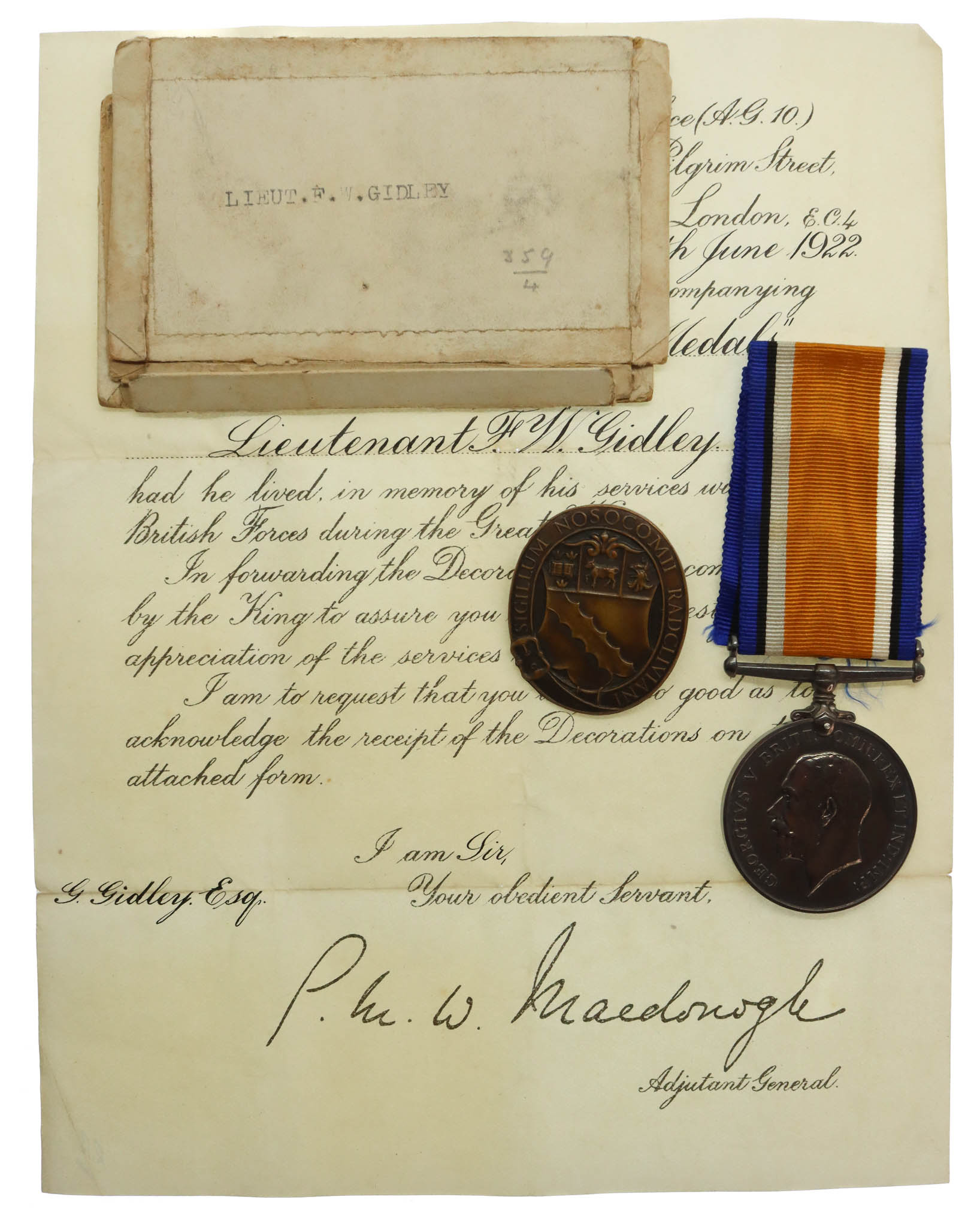 WW1 British War Medal with Box of Issue and Transmittal Document - Lieut. F.W. Gidley, 1/4th Bn. Essex Regiment - K.I.A., 27/3/17