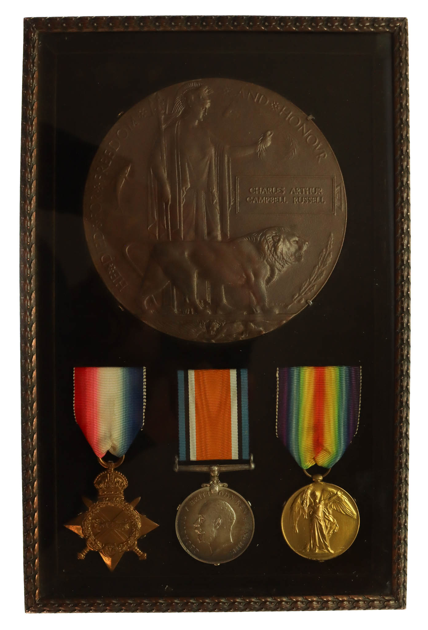 WW1 Submarine Commander Casualty 1914-15 Star Medal Trio and Memorial Plaque - Lieut. C.A.C. Russell, Royal Navy