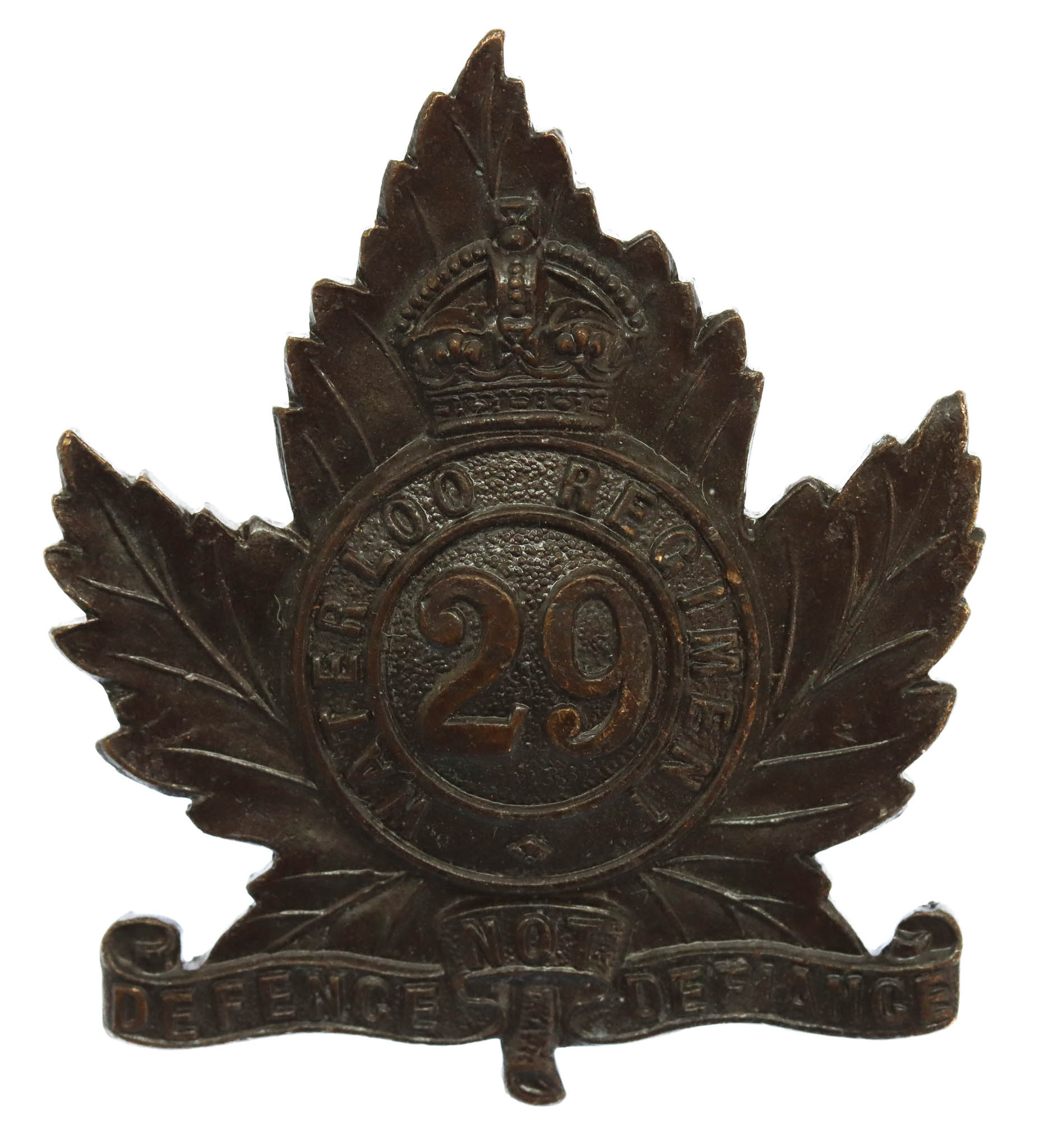 Canadian 29th Waterloo Regiment Cap Badge - King's Crown