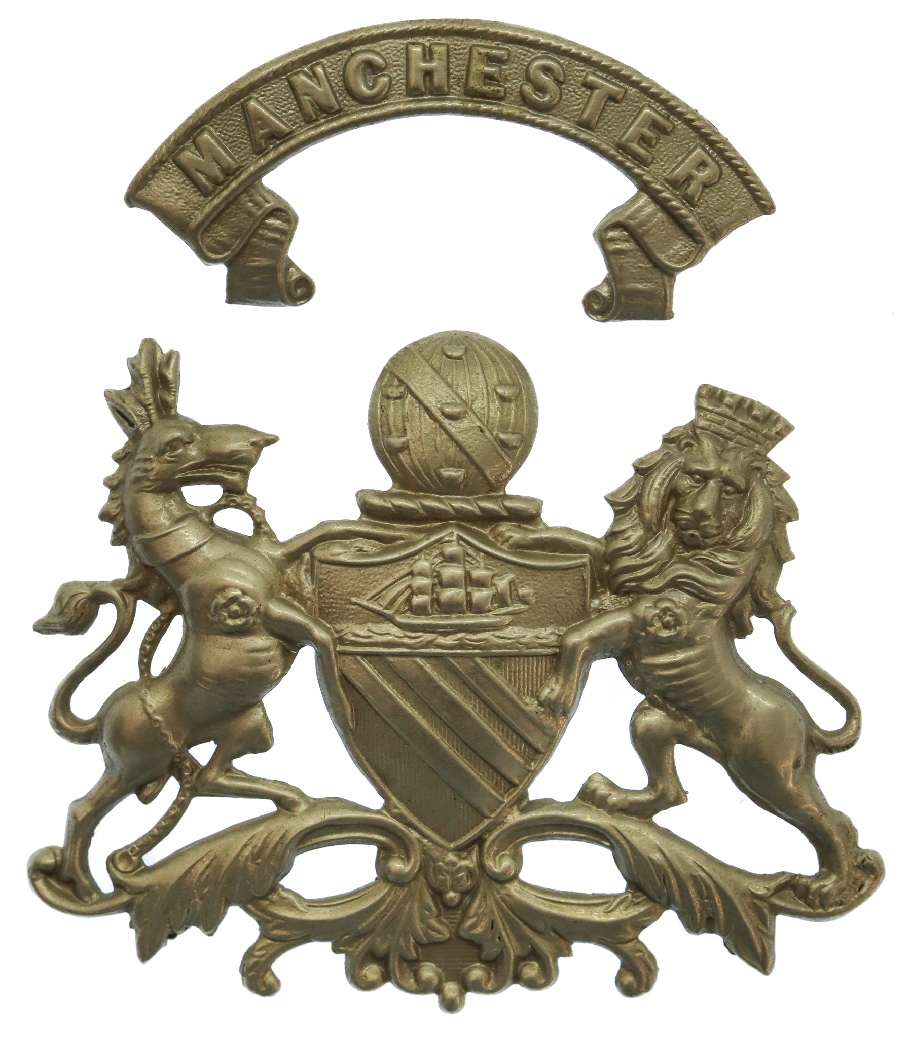 Manchester City Police White Metal Coat of Arms Helmet Plate 