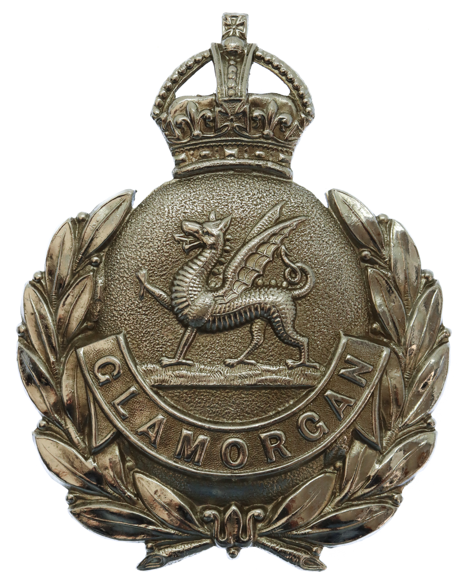 Glamorgan Constabulary Chrome Wreath Helmet Plate - King's Crown