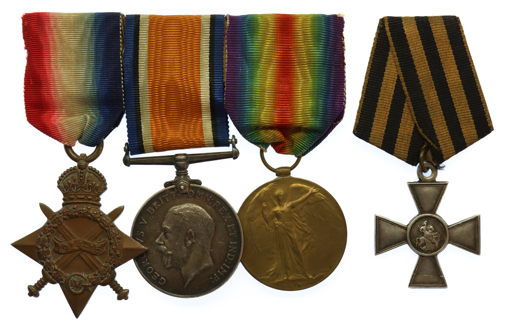 WW1 1914-15 Star, British War Medal, Victory Medal and Russian Cross of St. George, 4th Class - Sgt. A.E. Hawkins, Royal Marine Artillery
