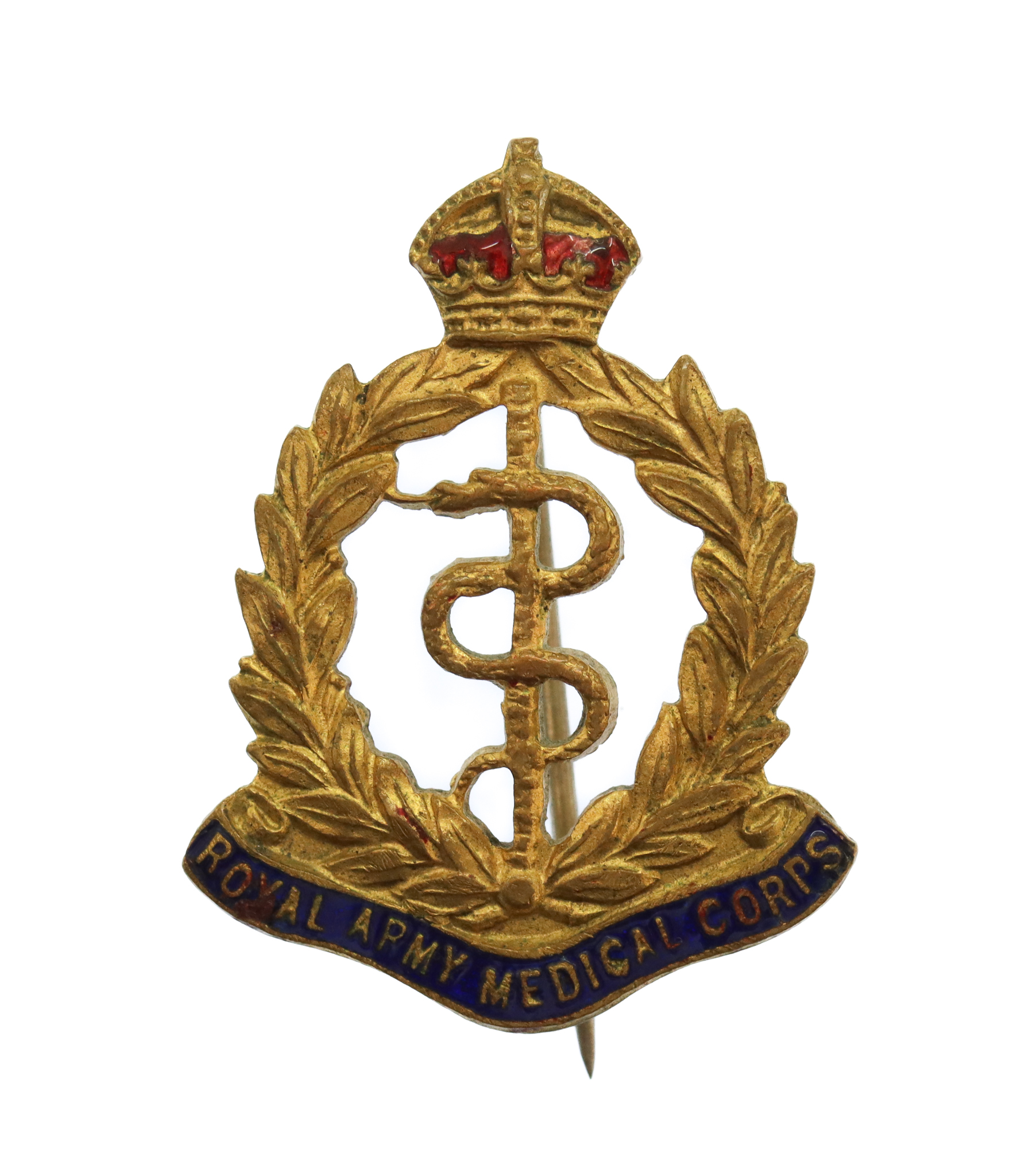 Royal Army Medical Corps (R.A.M.C.) Brass & Enamel Sweetheart Brooch - King's Crown