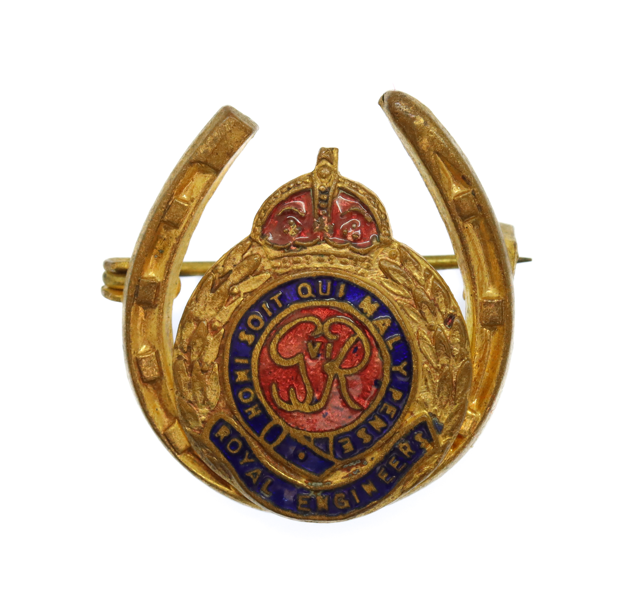 George VI Royal Engineers Brass & Enamel Horseshoe Sweetheart Brooch