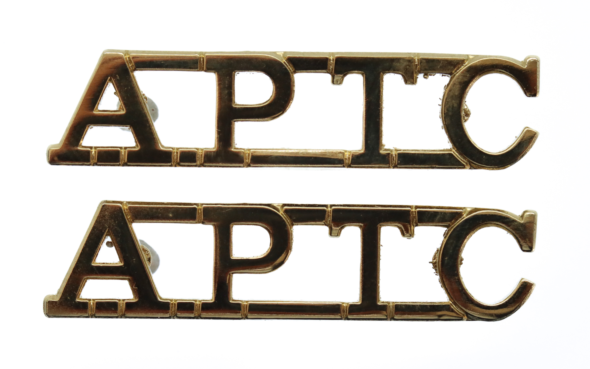 Pair of Army Physical Training Corps (A.P.T.C.) Anodised (Staybrite) Shoulder Titles