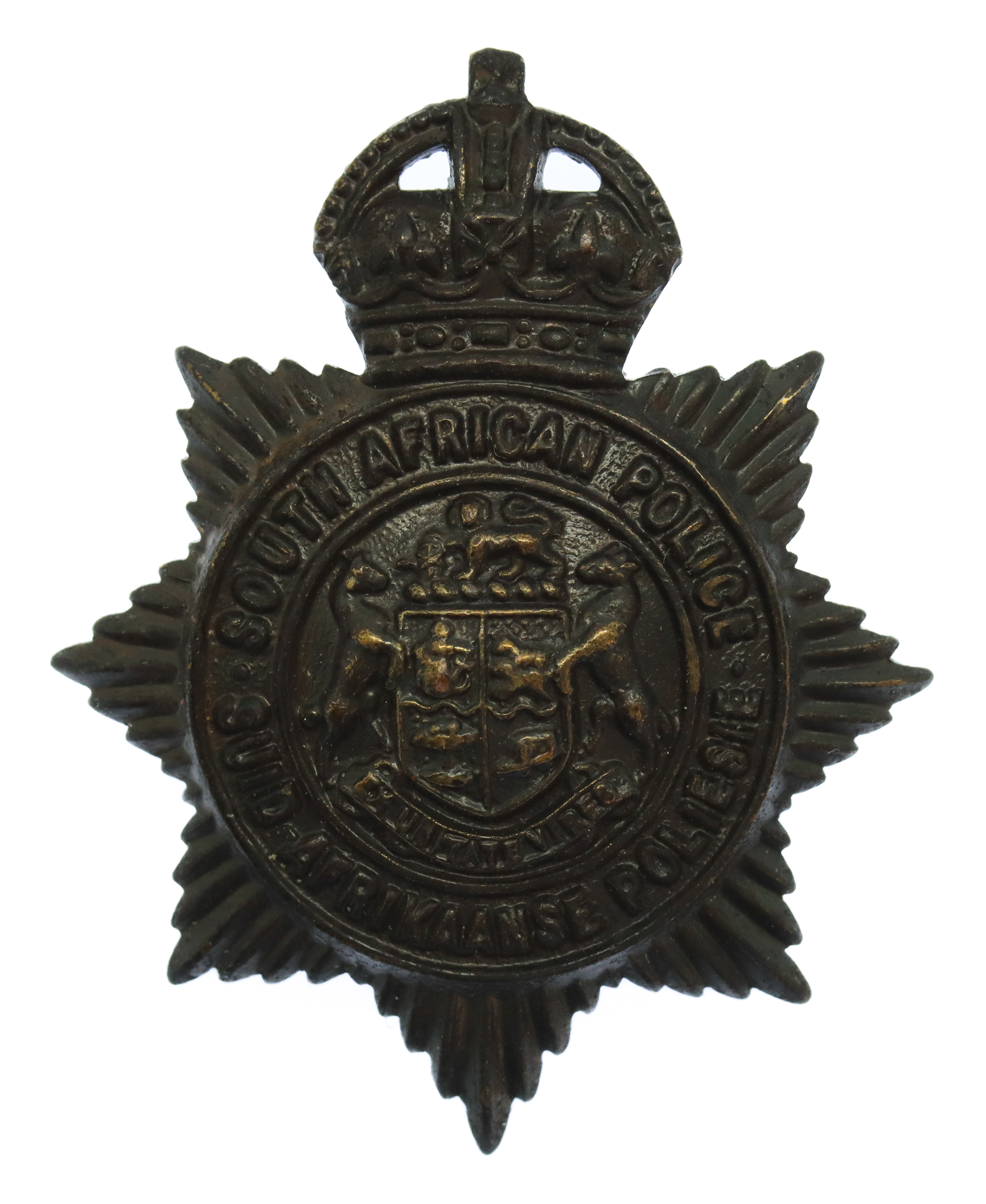 South African Police Blackened Brass Cap Badge - King's Crown