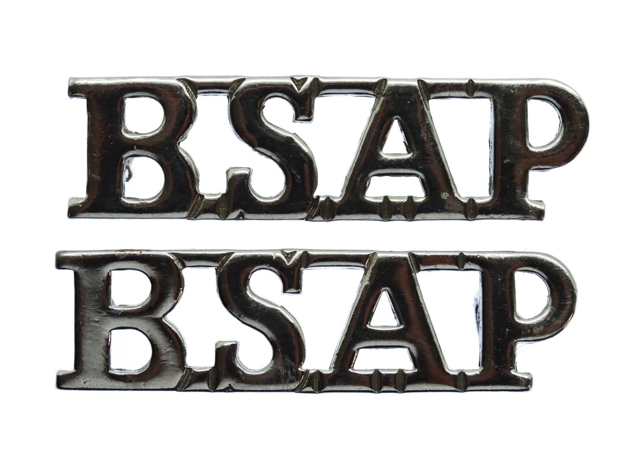 Pair of Rhodesia British South Africa Police (BSAP) Chrome Shoulder Titles
