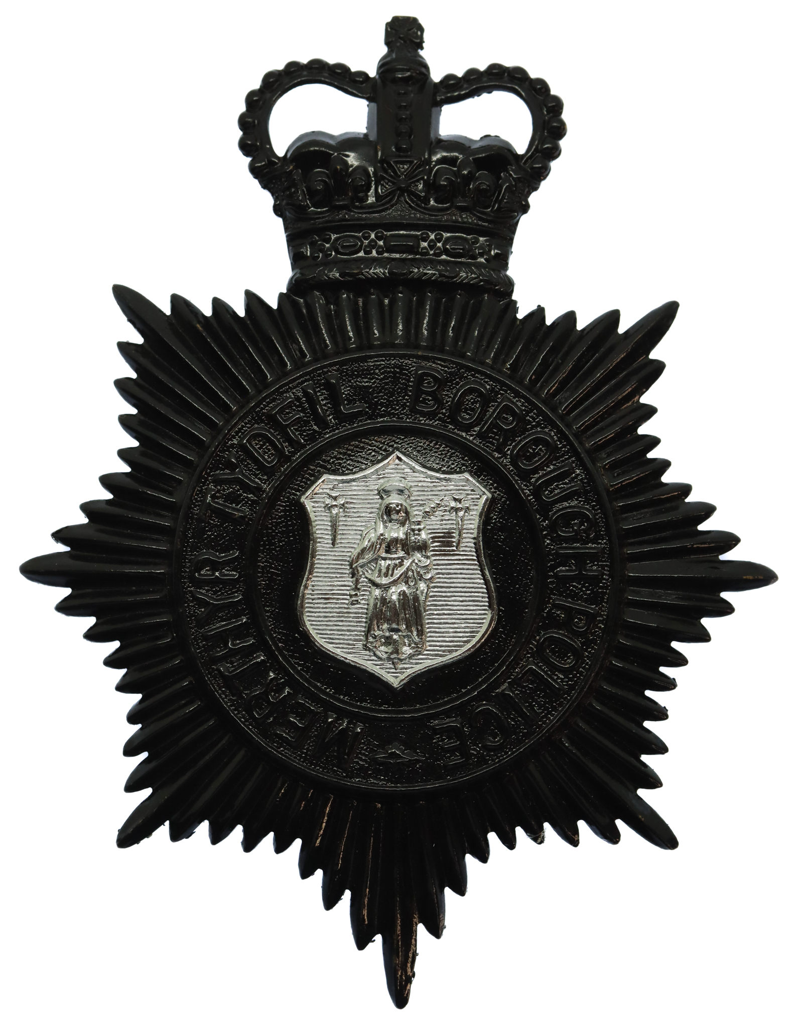 Merthyr Tydfil Borough Police Night Helmet Plate - Queen's Crown
