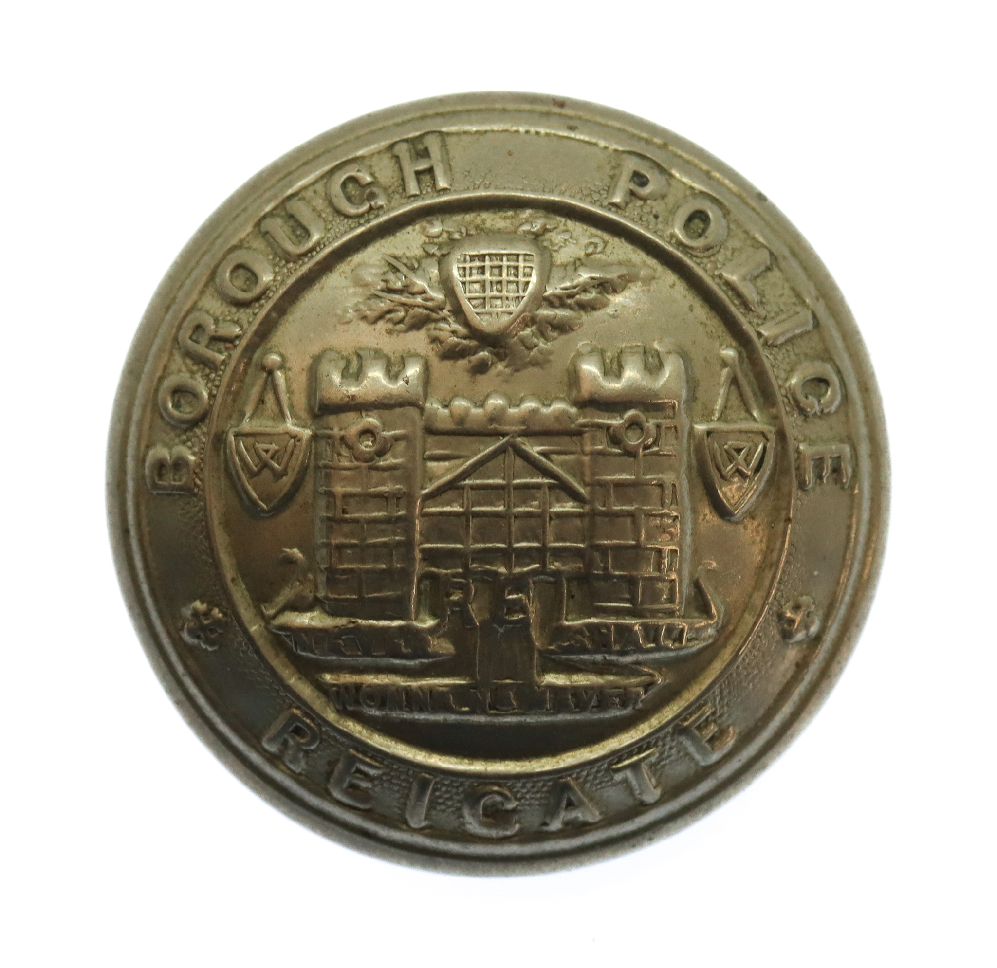 Reigate Borough Police White Metal Coat of Arms Button (26mm)