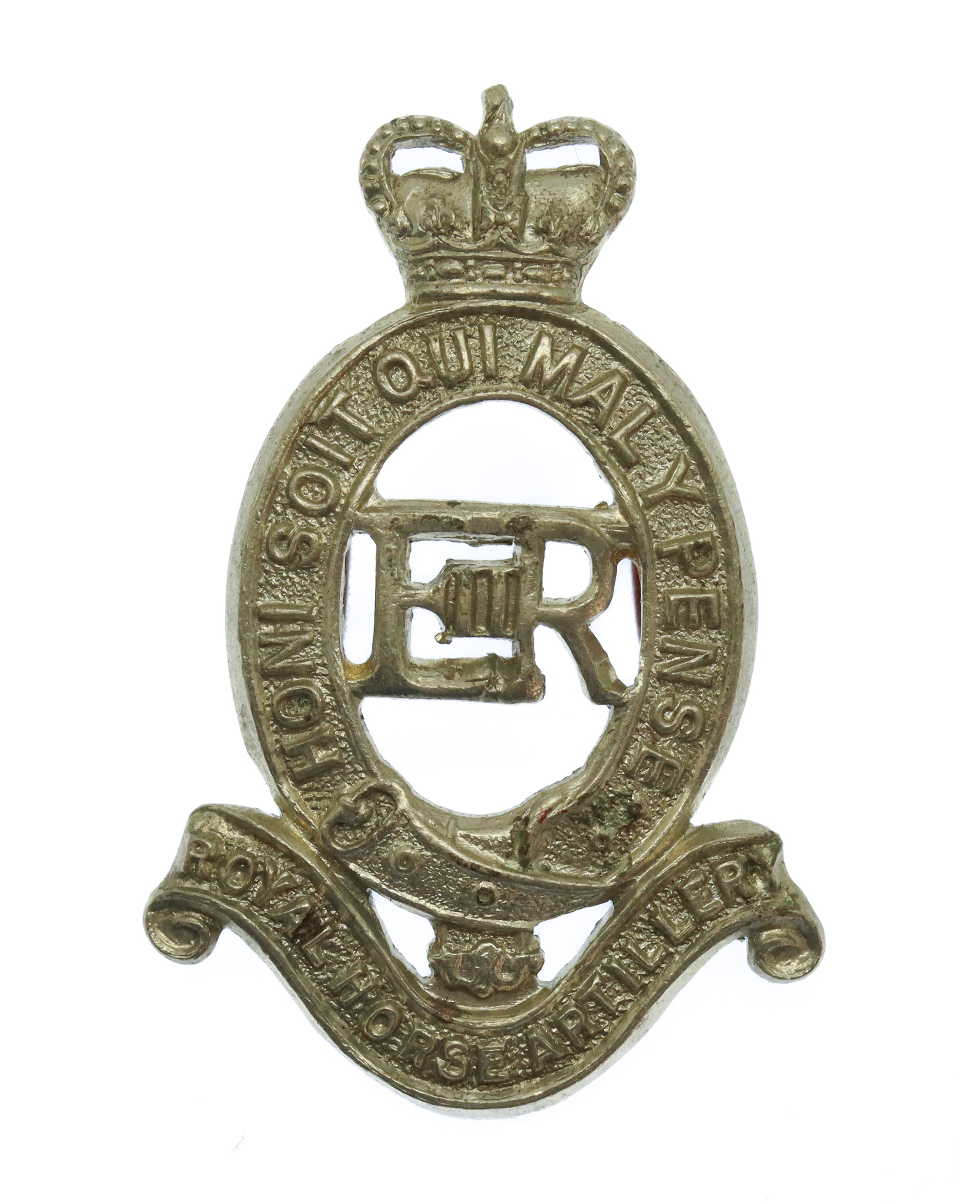 Royal Horse Artillery (R.H.A.) White Metal Cap Badge - Queen's Crown