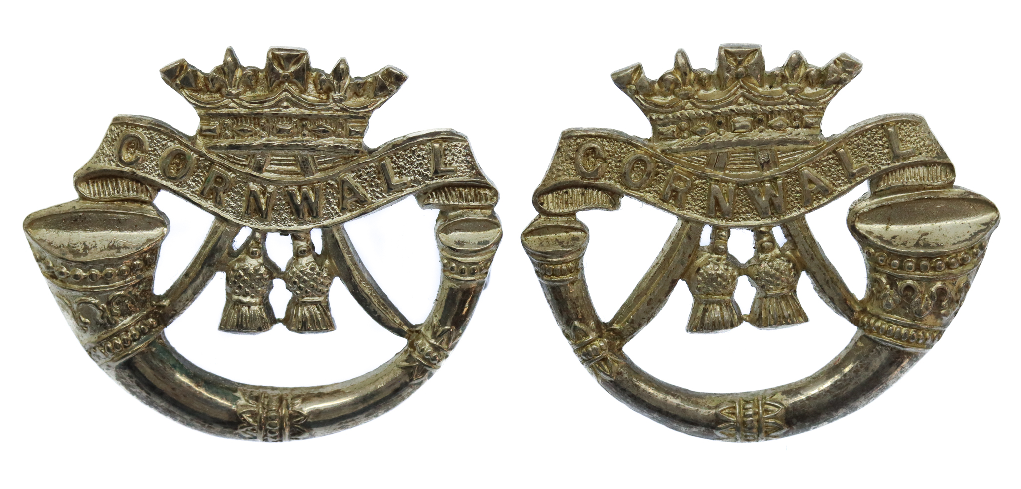 Pair of Duke of Cornwall's Light Infantry Officer's Silver Plated Collar Badges