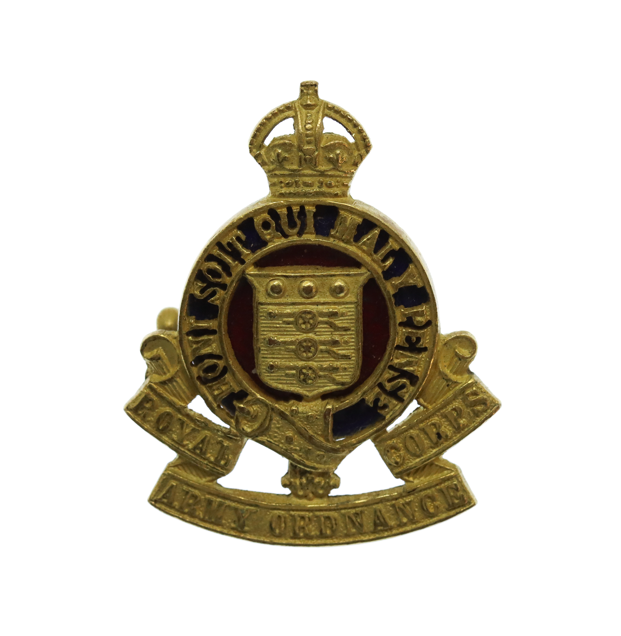 Royal Army Ordnance Corps (R.A.O.C.) Officer's Gilt & Enamel Collar Badge - King's Crown