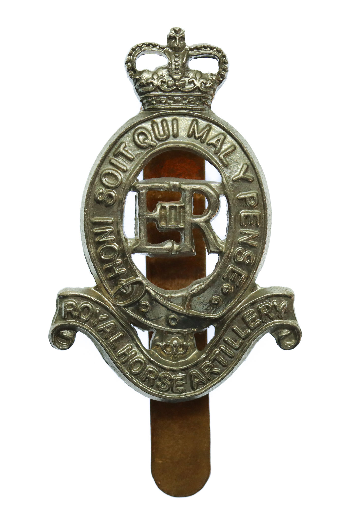Royal Horse Artillery (R.H.A.) White Metal Cap Badge - Queen's Crown