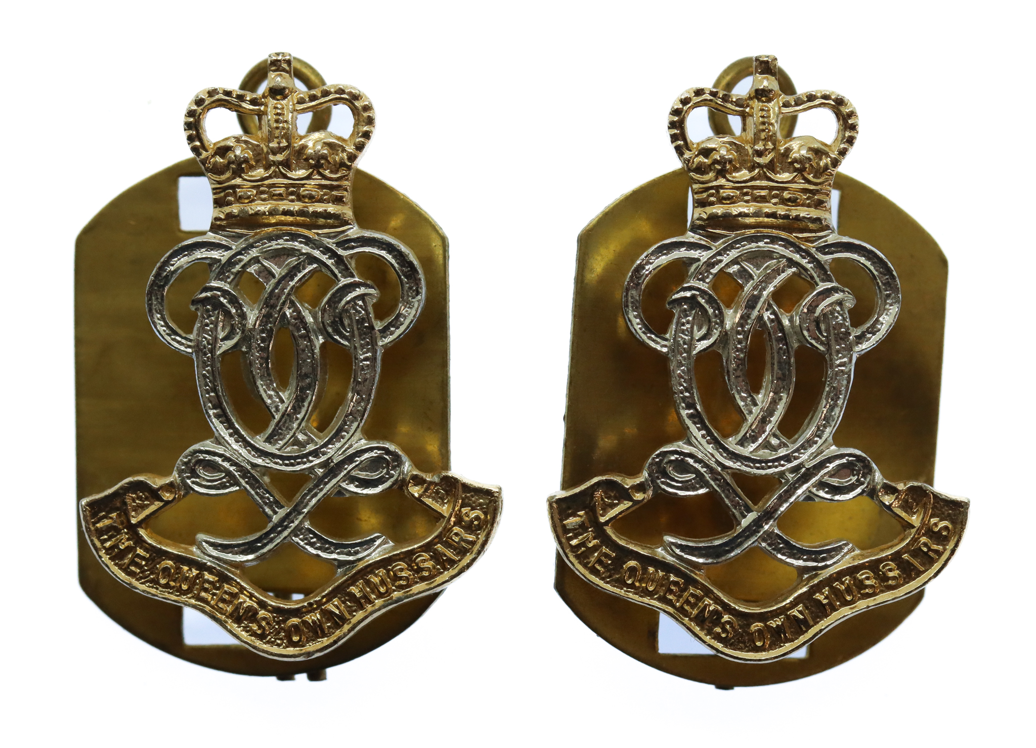 Pair of Queen's Own Hussars Anodised (Staybrite) Collar Badges