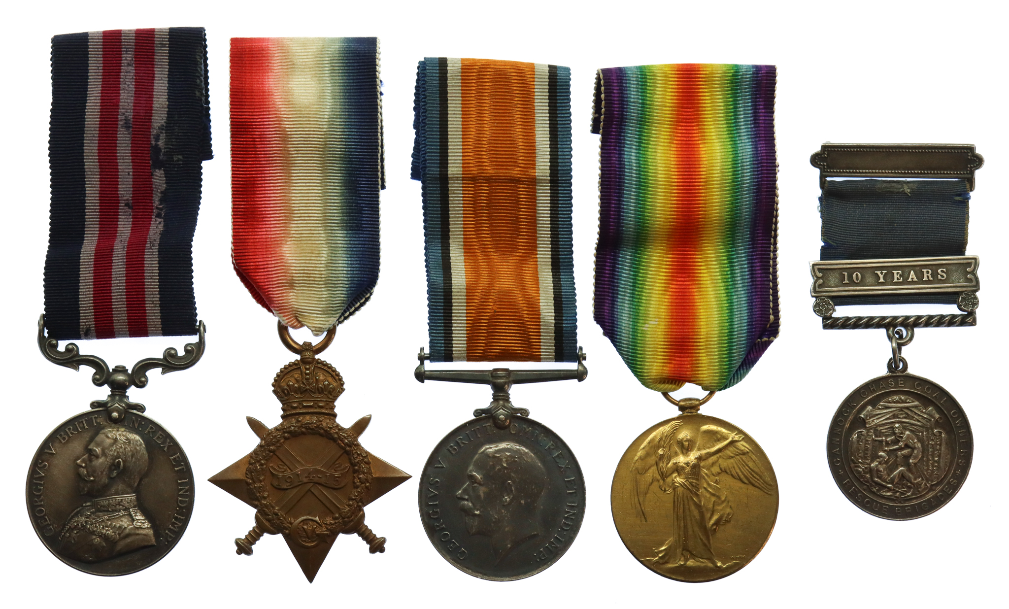 WW1 Military Medal, 1914-15 Star, British War Medal, Victory Medal and Cannock Chase Coal Owners Rescue Brigade Medal Group of Five - Pte. R.P. Street, Royal Army Medical Corps