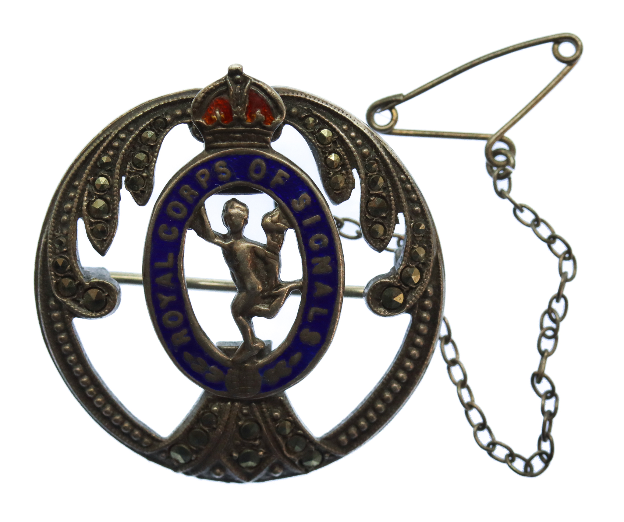 Royal Corps of Signals Sterling Silver & Enamel Sweetheart Brooch - King's Crown
