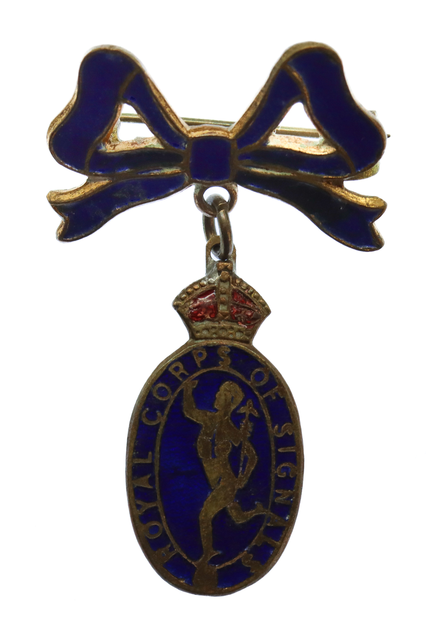Royal Corps of Signals Brass & Enamel Bow Suspension Sweetheart Brooch - King's Crown