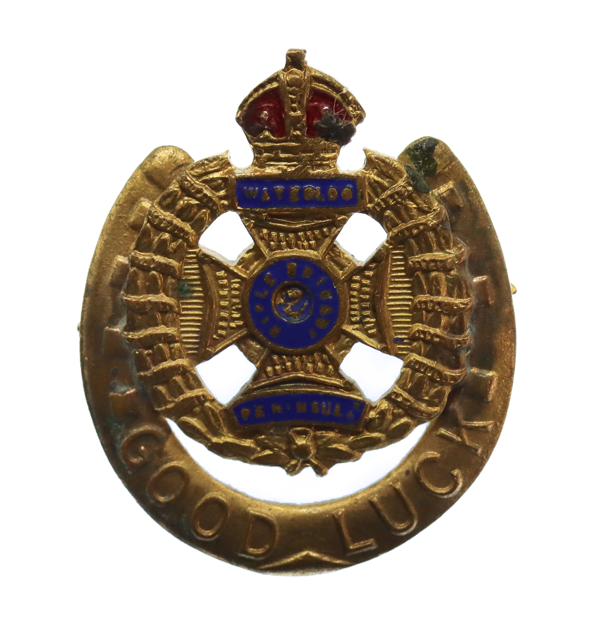 Rifle Brigade Enamelled Good Luck Horseshoe Sweetheart Brooch - King's Crown