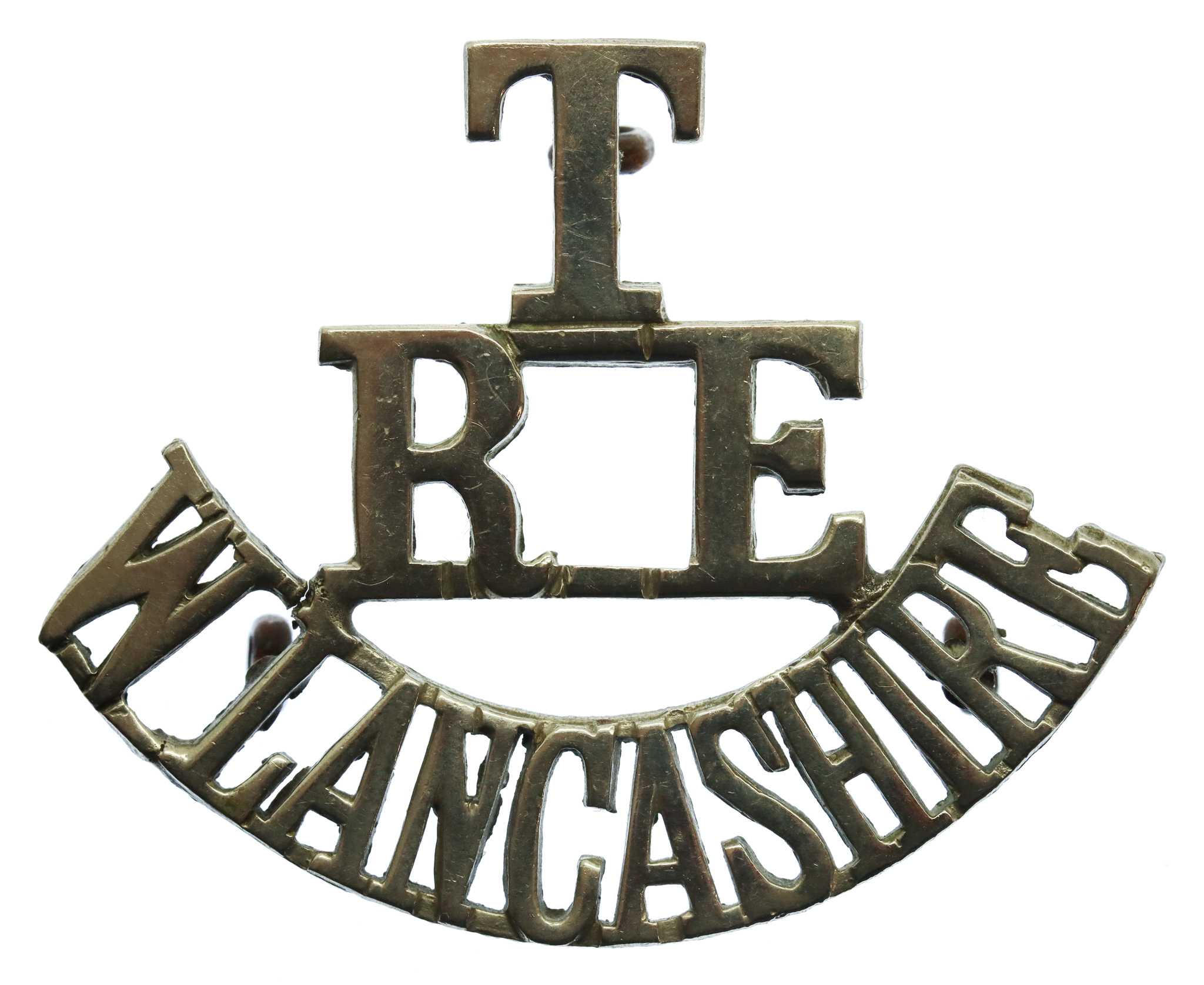 West Lancashire Territorials Royal Engineers (T/R.E./W.LANCASHIRE) White Metal Shoulder Title