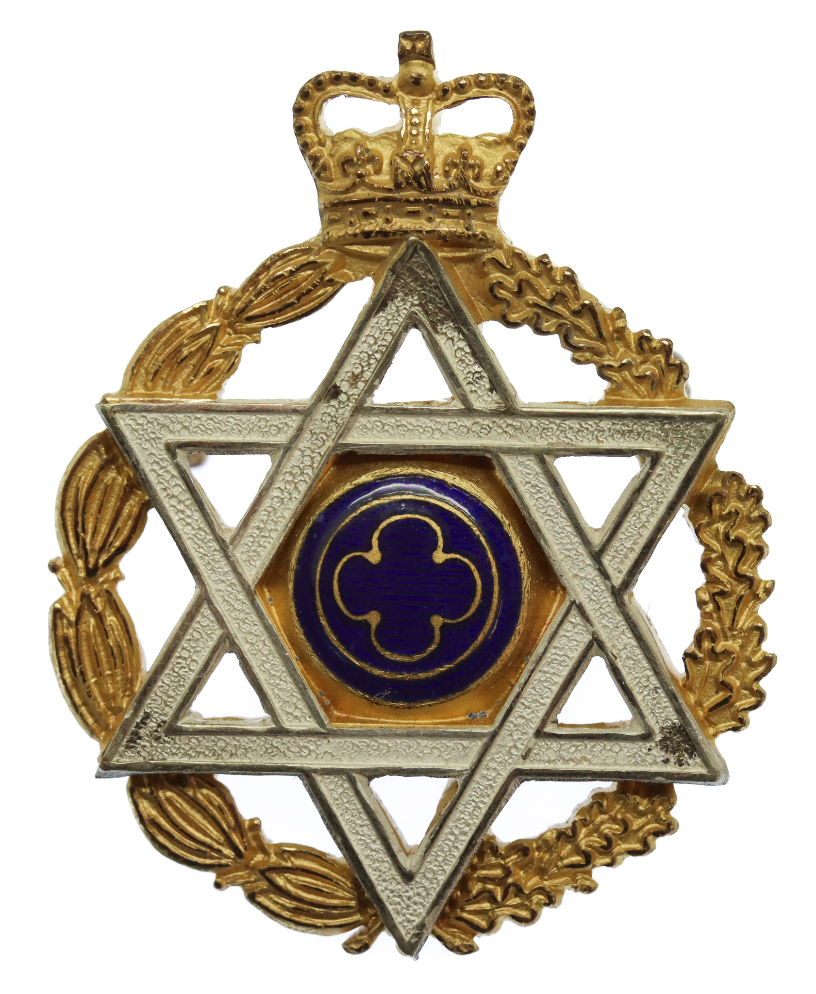 Royal Army Chaplains Department (Jewish) Silver, Gilt & Enamel Cap Badge - Queen's Crown