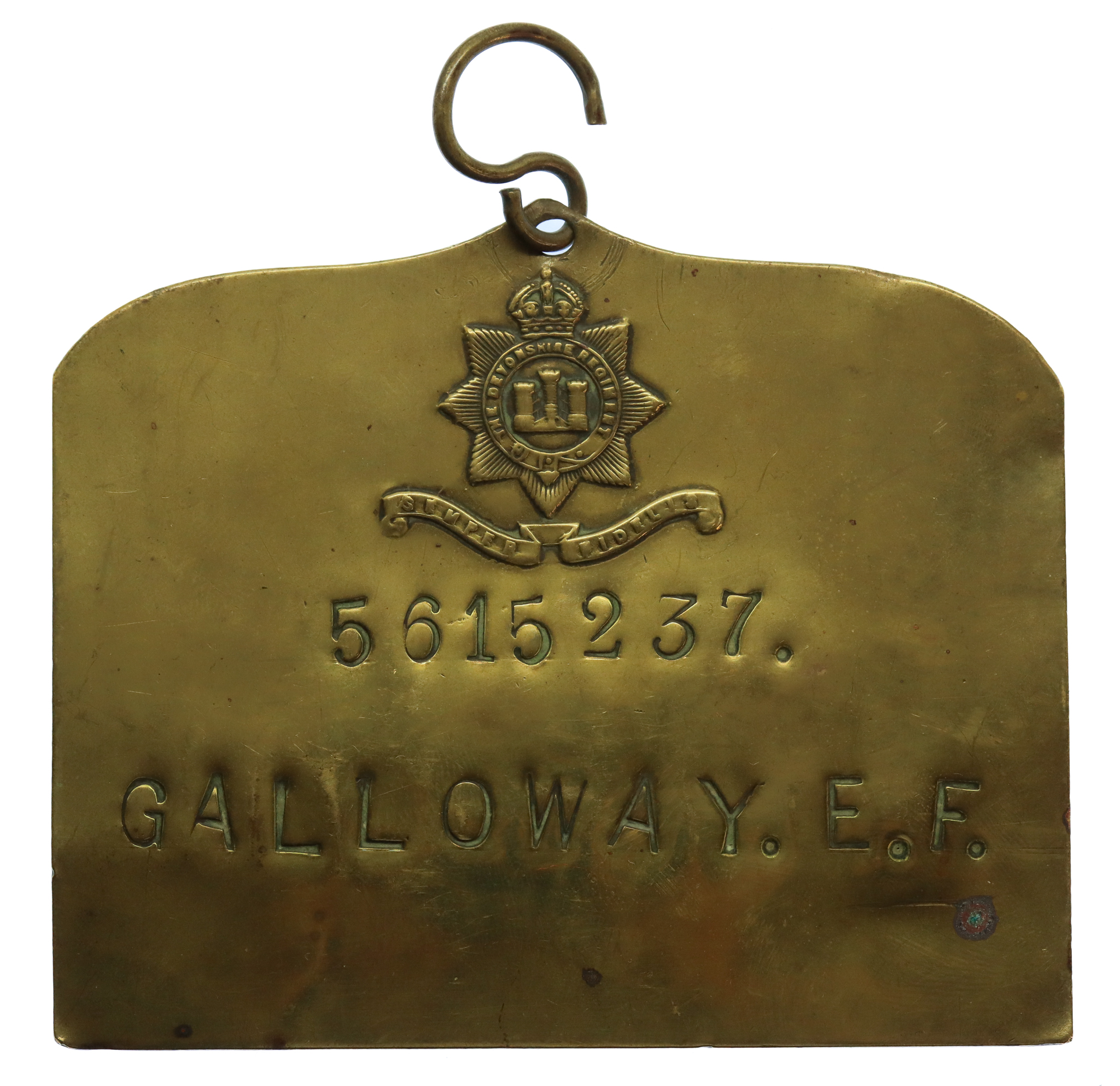 Devonshire Regiment Duty Bed Plate - 5615237 E.F. Galloway