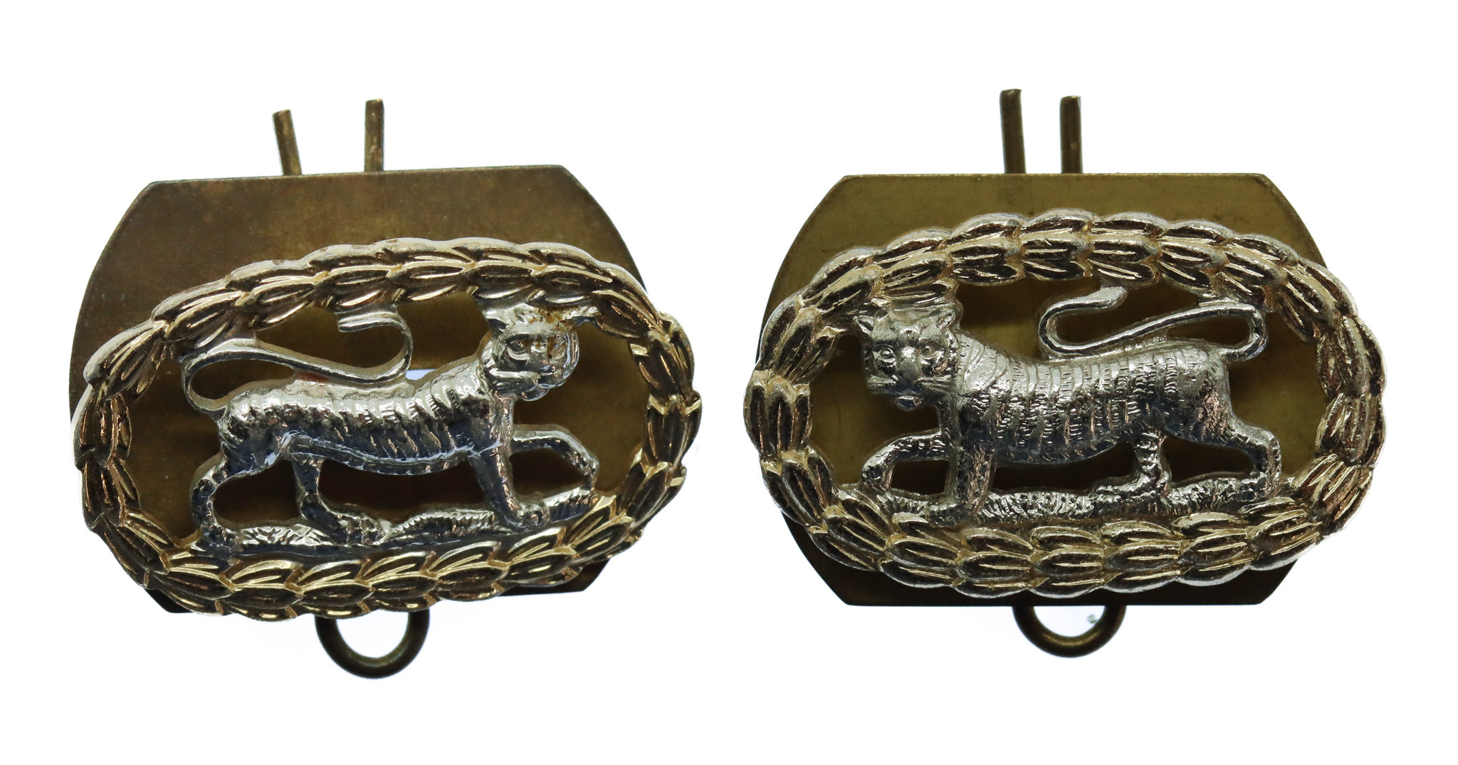 Pair of Royal Leicestershire Regiment Anodised (Staybrite) Collar Badges