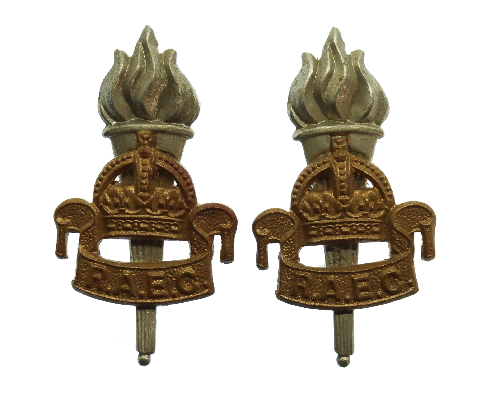 Pair of Royal Army Educational Corps (R.A.E.C.) Bi-Metal Collar Badges - King's Crown
