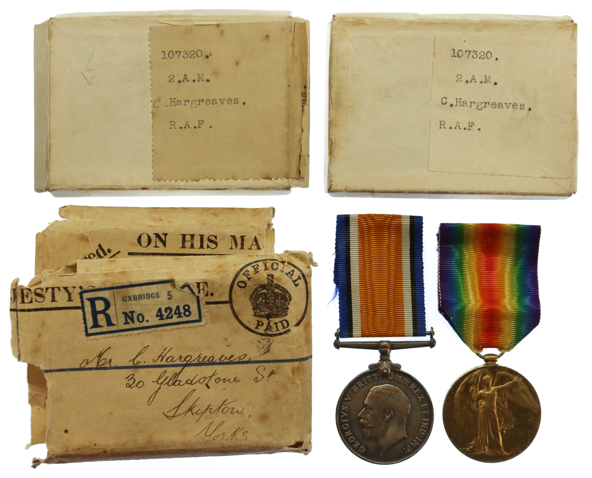 WW1 British War & Victory Medal Pair with Boxes of Issue - 2.A.M. C. Hargreaves, Royal Air Force