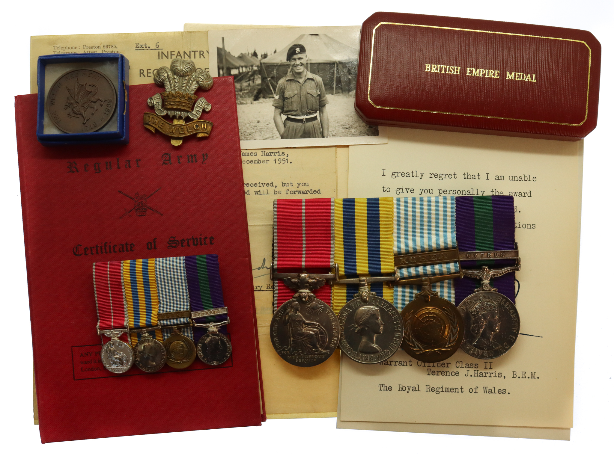 Military B.E.M., Korean War and GSM (Clasp - Cyprus) Medal Group of Four - W.O.II. T.J. Harris, Welch Regiment - Wounded in Action