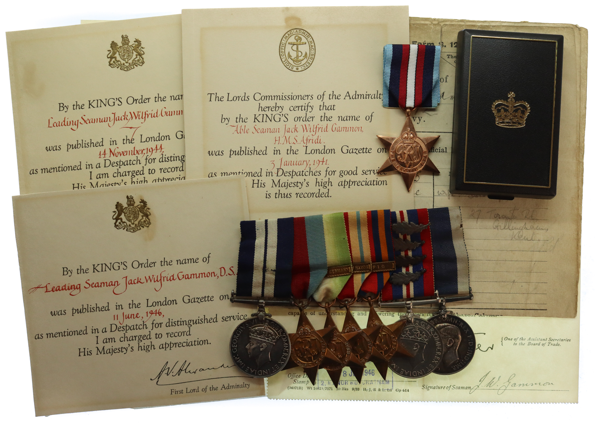 WW2 Distinguished Service Medal, 4 x MID and Arctic Star Medal Group of Eight with Quantity of Ephemera - Leading Seaman J.W. Gammon, Royal Navy