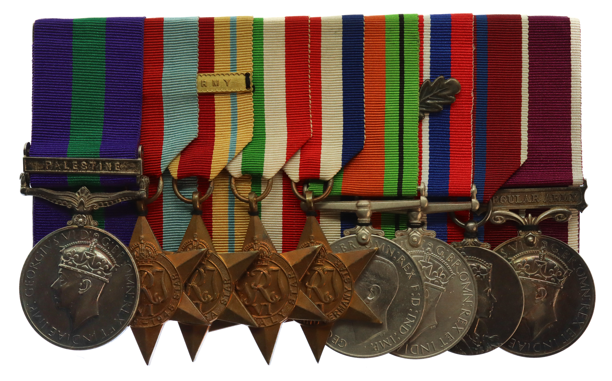 General Service Medal (Clasp - Palestine), WW2 (2 x MID), Coronation Medal & LS&GC Medal Group of Nine - Lieut. (Later Brigadier) J. Harris,  R.A.O.C. / R.E.M.E. 