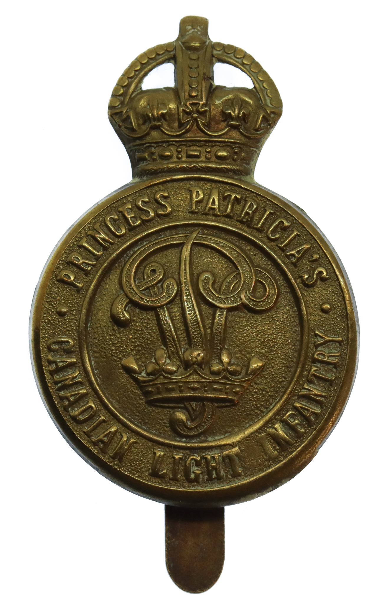 Princess Patricia's Canadian Light Infantry (P.P.C.L.I.) Brass Cap Badge - King's Crown