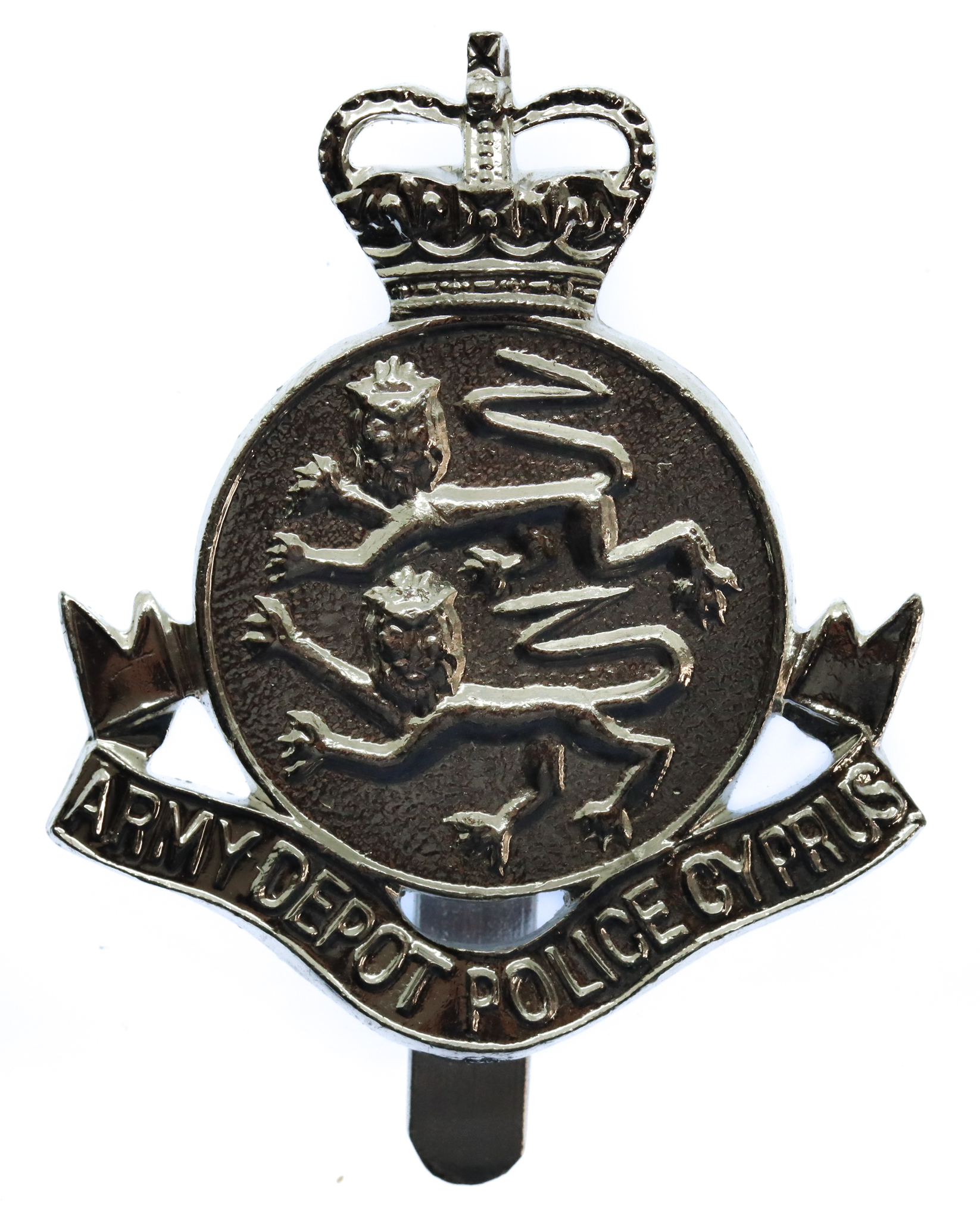 Army Depot Police Cyprus Anodised (Staybrite) Cap Badge - Queen's Crown