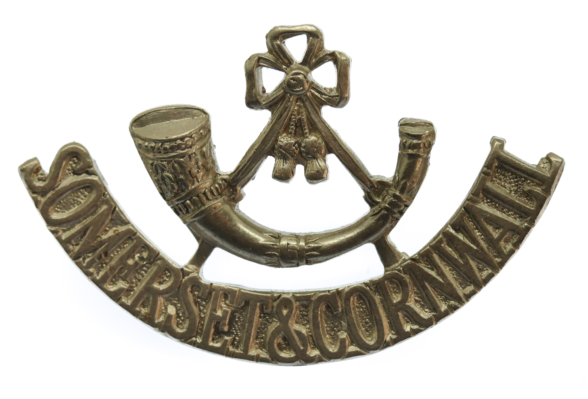Somerset & Cornwall Light Infantry (Bugle/SOMERSET&CORNWALL) White Metal Shoulder Title