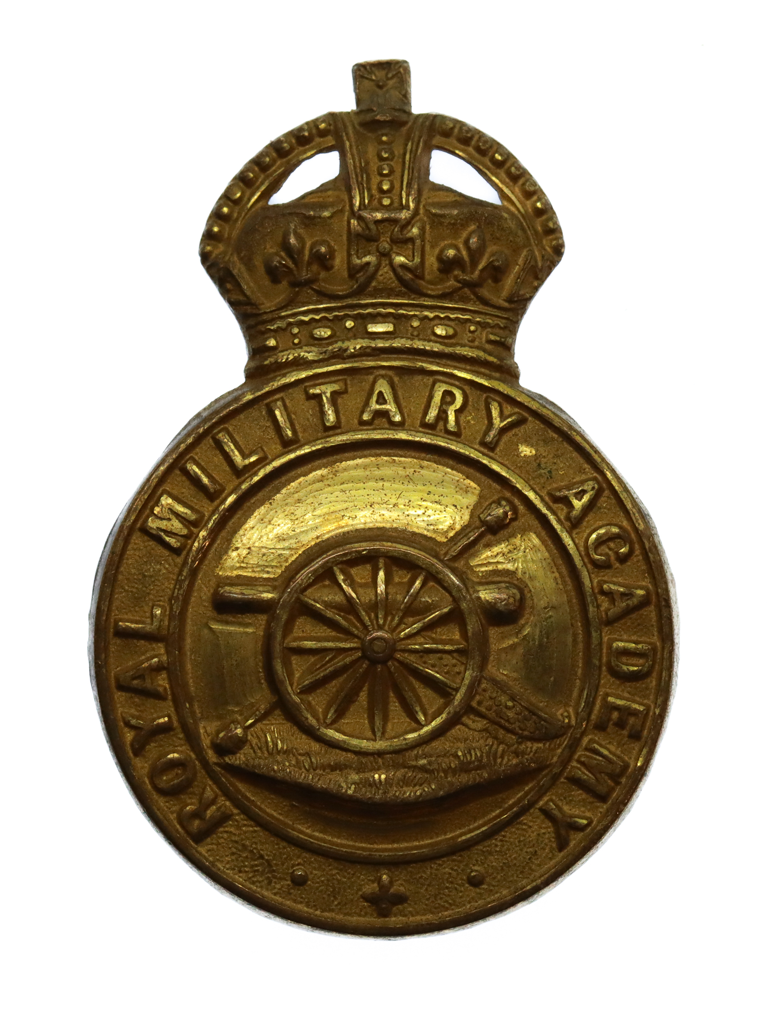 Royal Military Academy Woolwich Officer Cadet Gilt Cap Badge - King's Crown