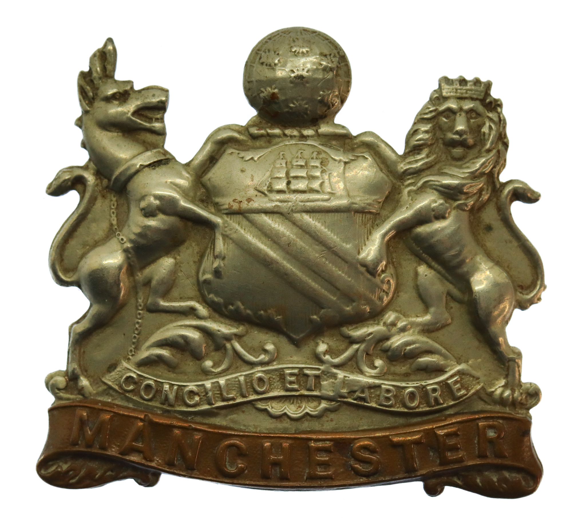WW1 Manchester Regiment Non Voided Coat of Arms Bi-metal Cap Badge