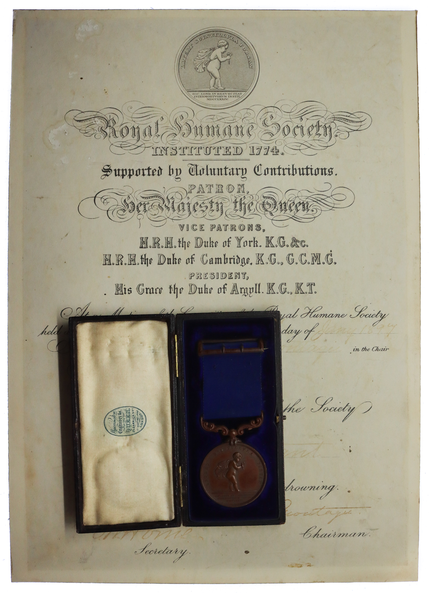 Royal Humane Society Medal, Bronze (Successful) with Certificate - Alfred Durrant, 13th December 1896