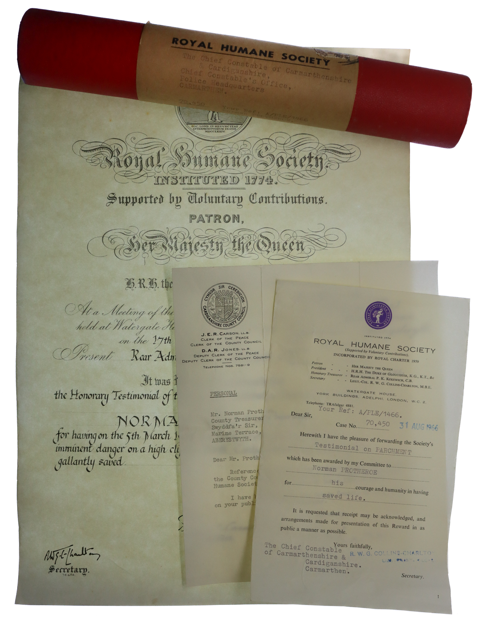 1966 Royal Humane Society Life Saving Certificate & Letters - Norman Protheroe