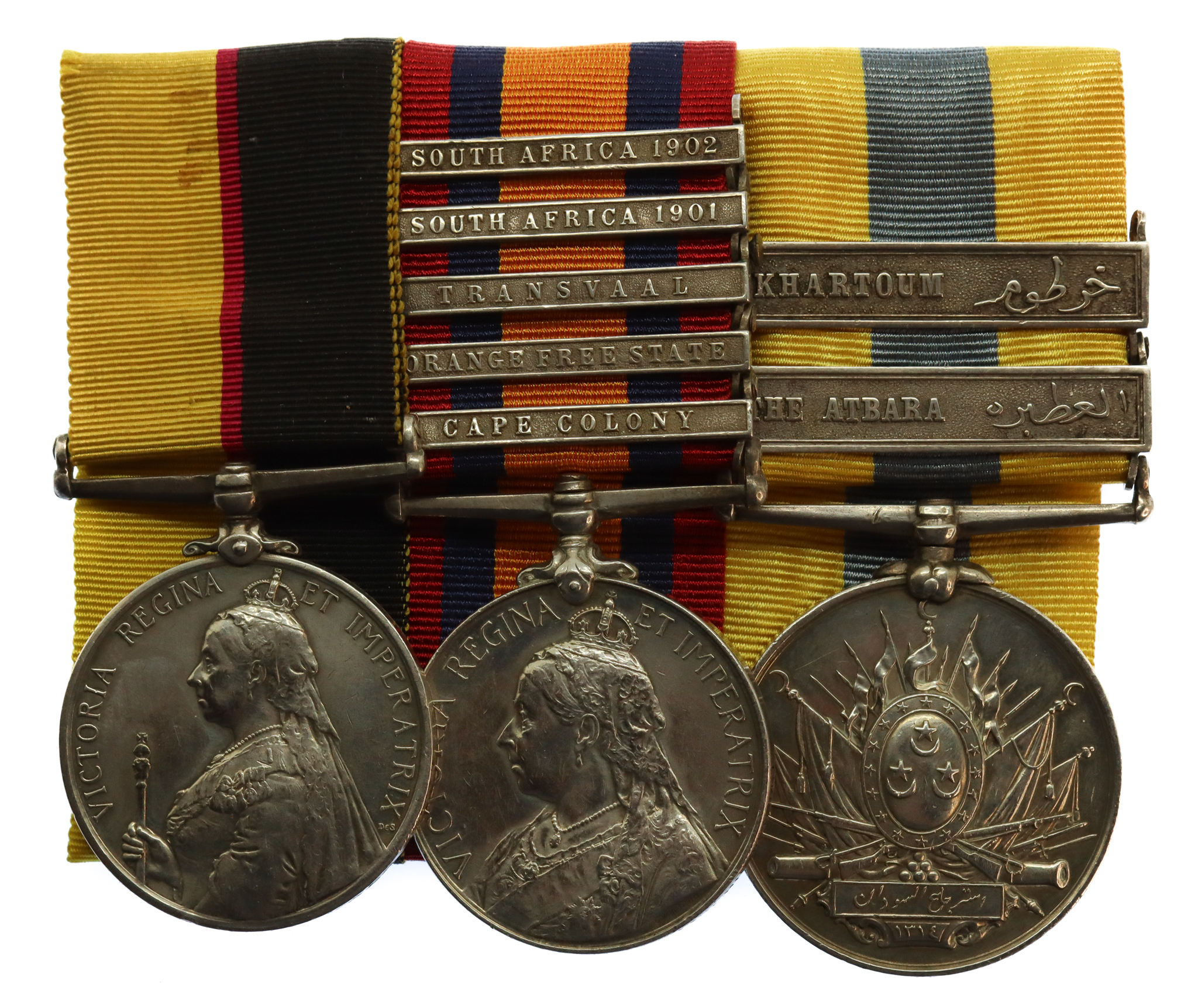 Queen's Sudan, QSA (Clasps - Cape Colony, Orange Free State, Transvaal, South Africa 1901, South Africa 1902) and Khedives Sudan (Clasps - The Atbara, Khartoum) Medal Group of Three - Pte. J. McDonald, 1st Bn. Seaforth Highlanders (18th Mounted Infantry)