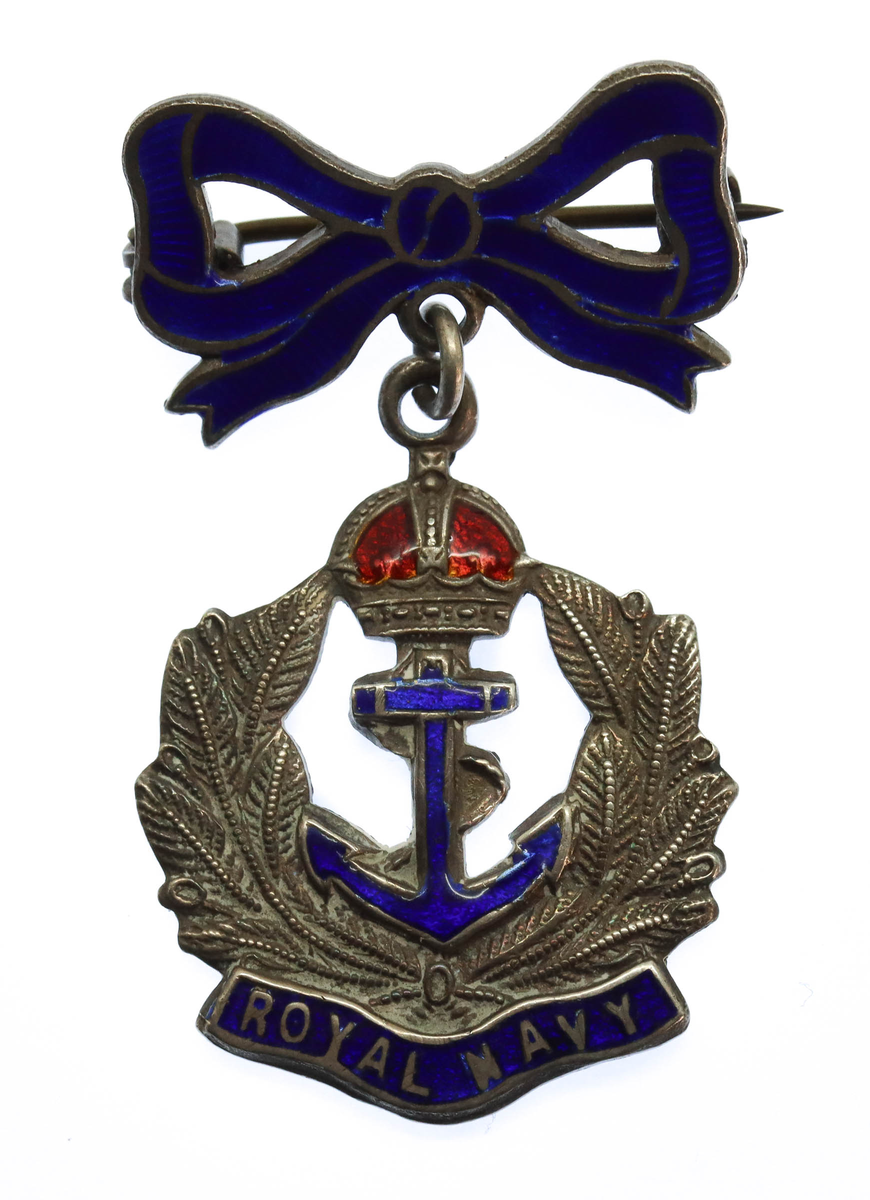 Royal Navy Silver & Enamel Bow Suspension Sweetheart Brooch - King's Crown