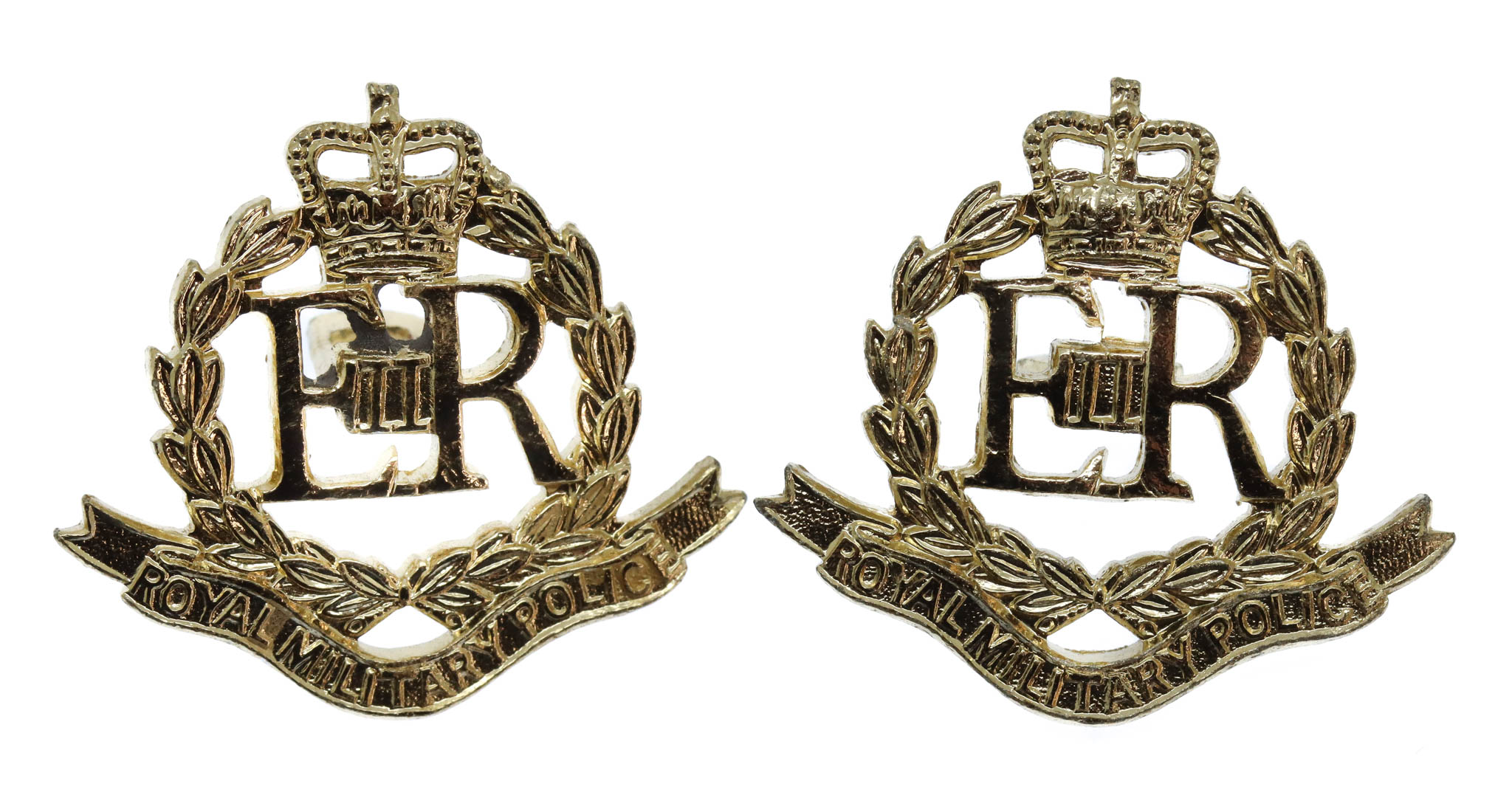 Pair of Royal Military Police (R.M.P.) Anodised (Staybrite) Collar Badges - Queen's Crown