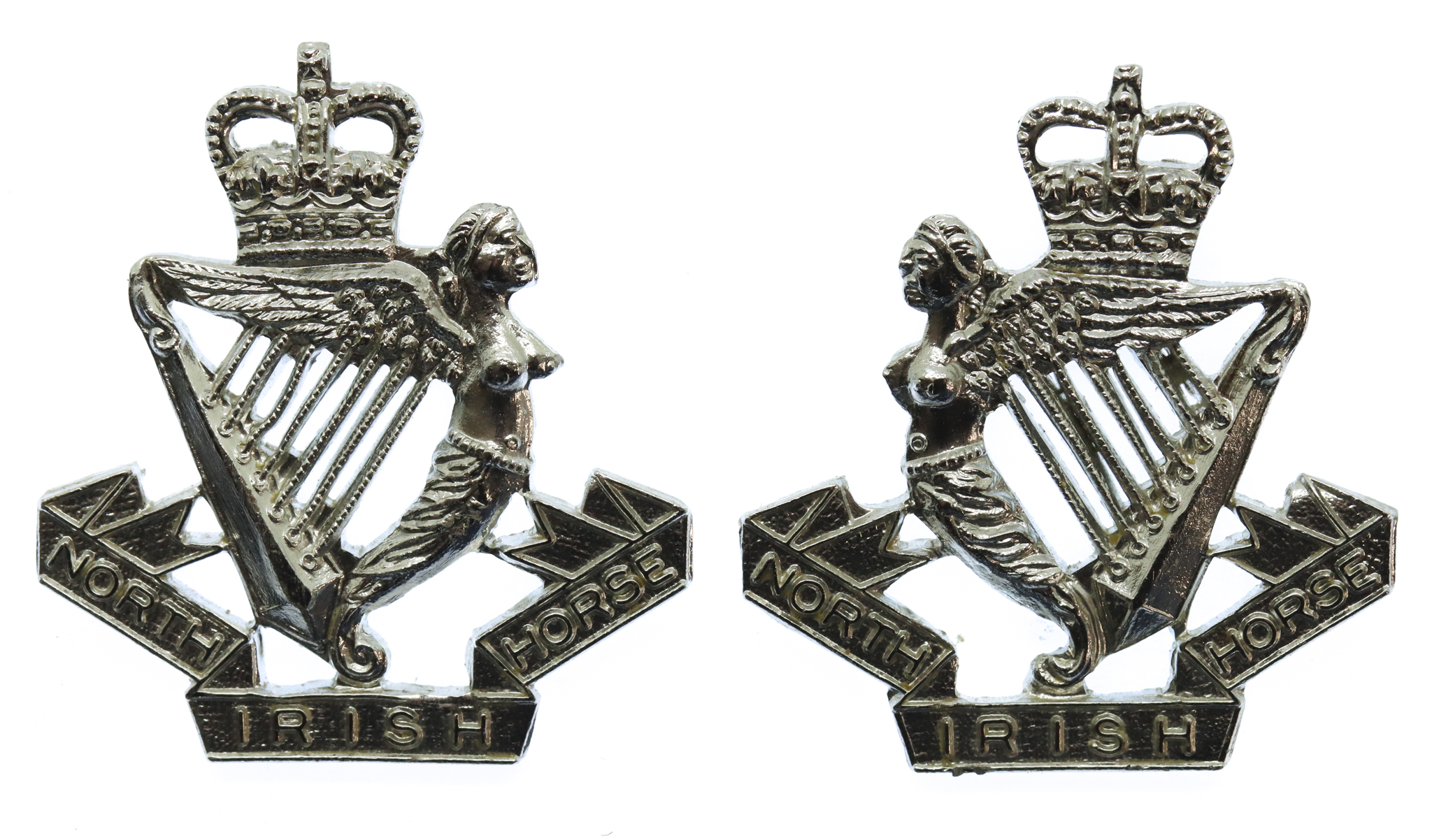 Pair of North Irish Horse Anodised (Staybrite) Collar Badges - Queen's Crown