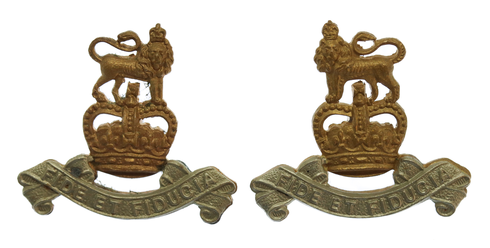 Pair of Royal Army Pay Corps (R.A.P.C.) Bi-Metal Collar Badges - Queen's Crown