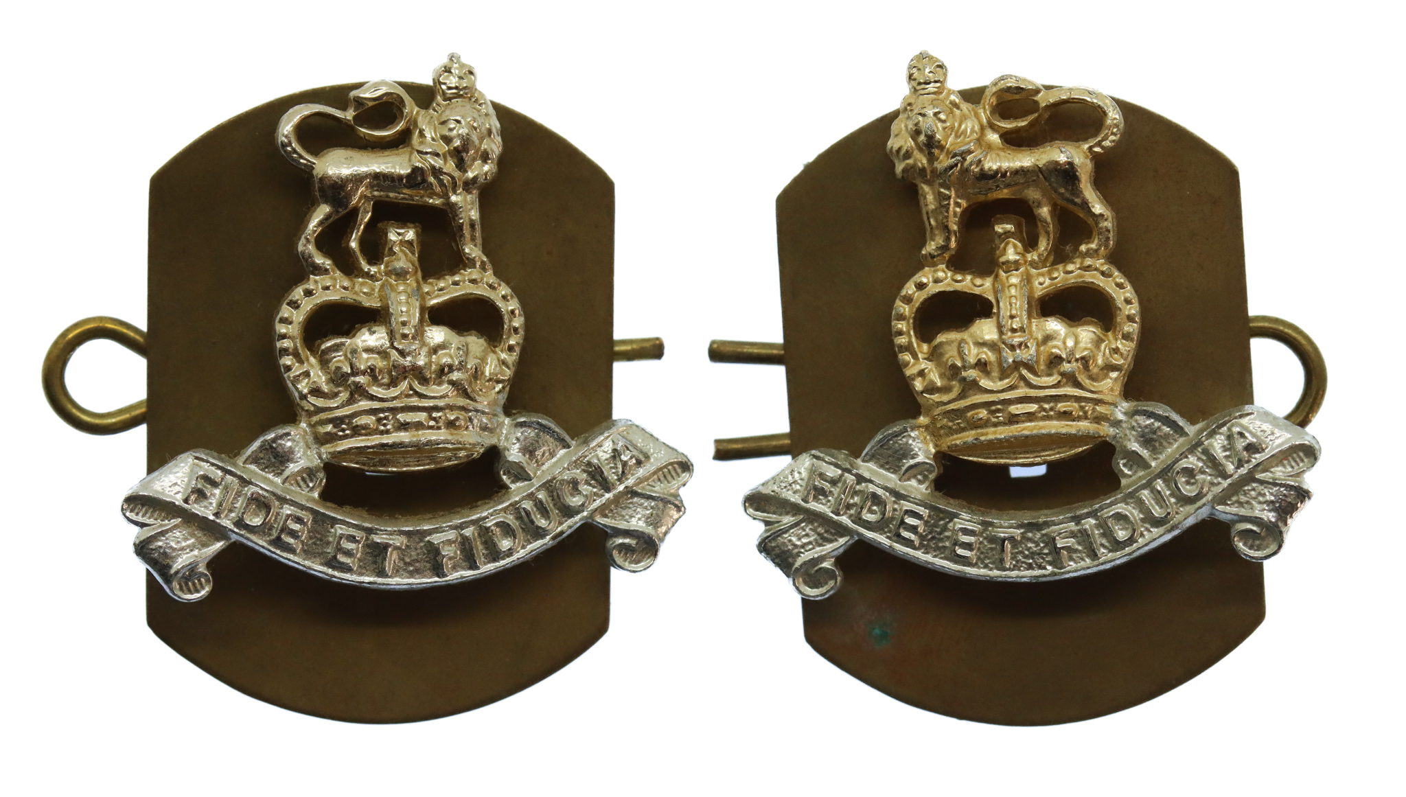 Pair of Royal Army Pay Corps (R.A.P.C.) Anodised (Staybrite) Collar Badges - Queen's Crown