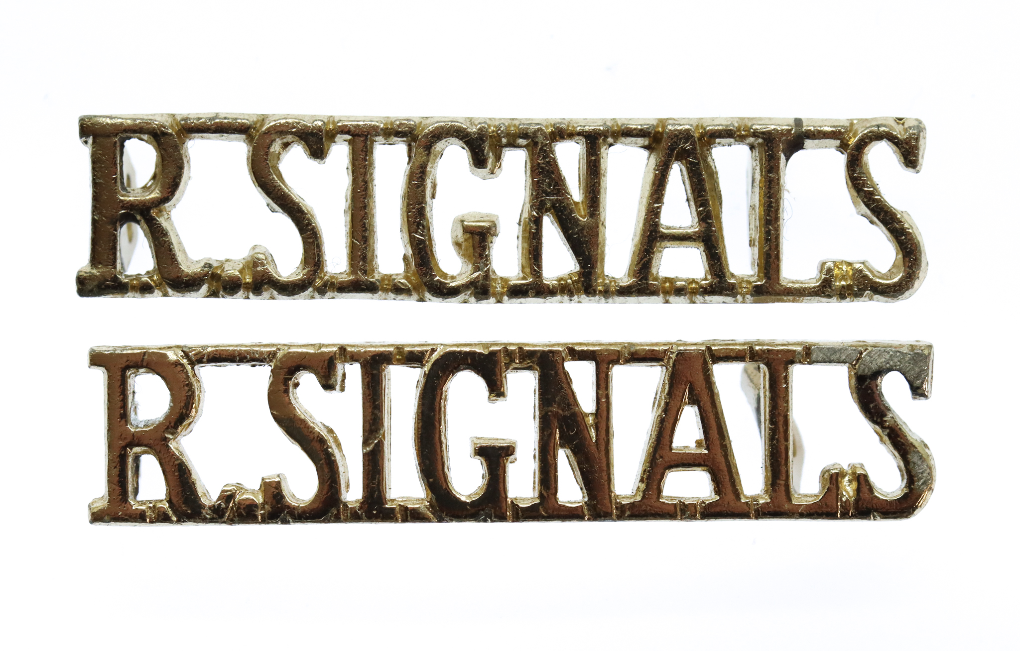 Pair of Royal Signals (R.SIGNALS) Anodised (Staybrite) Shoulder Titles