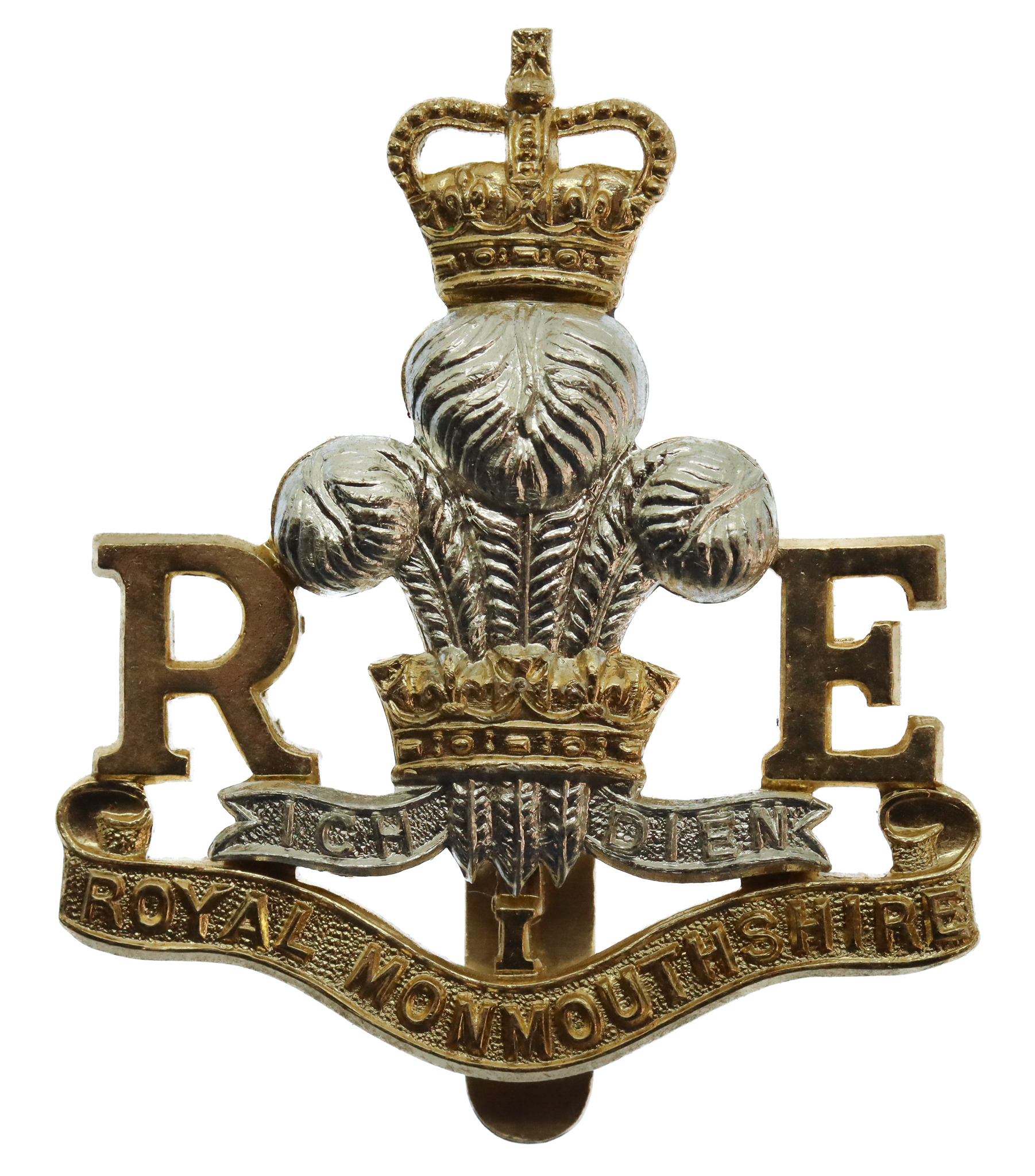 Royal Monmouthshire Royal Engineers Anodised (Staybrite) Cap Badge - Queen's Crown