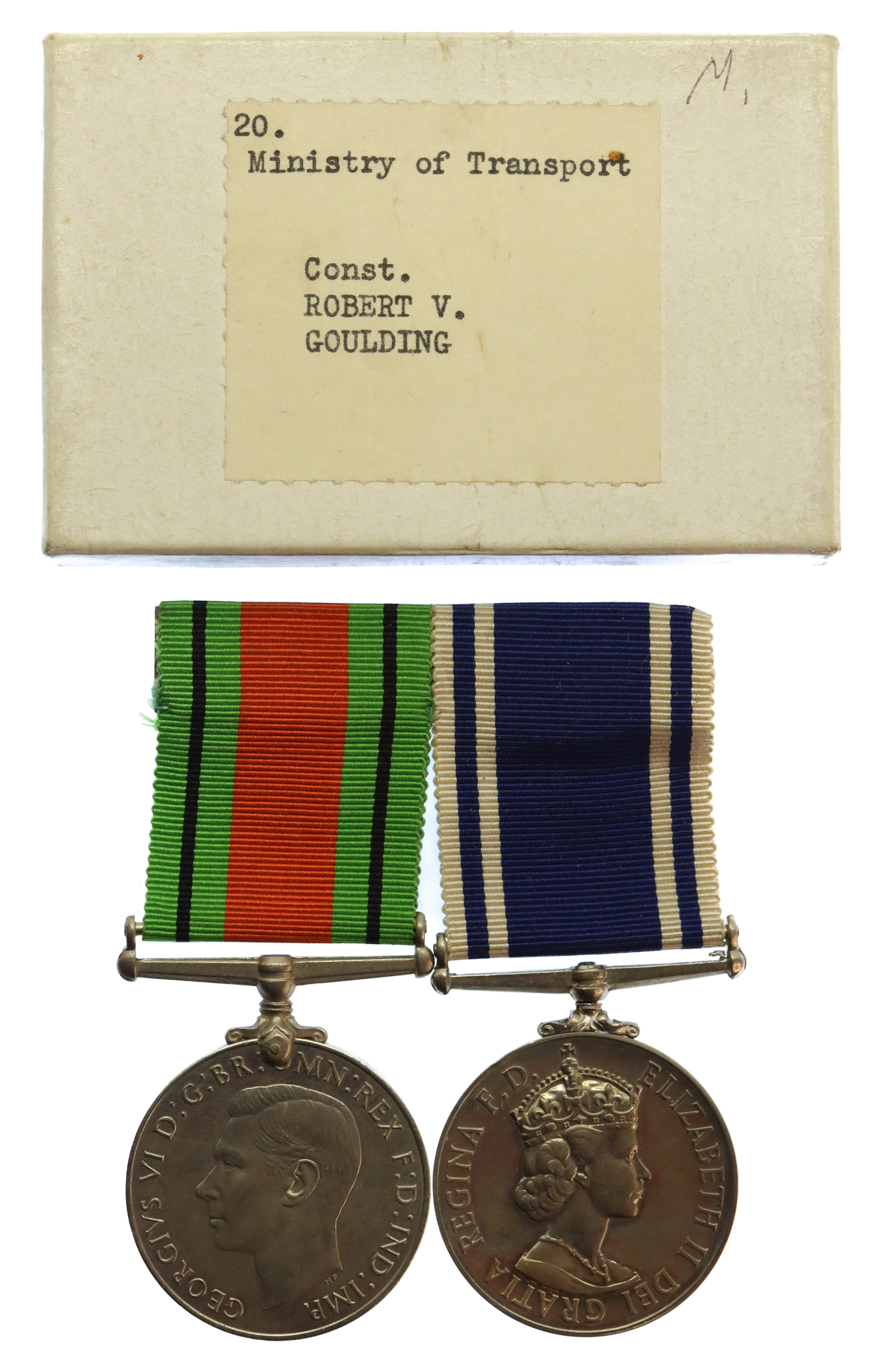 WW2 Defence Medal and EIIR Police Long Service & Good Conduct Medal Pair - Const. Robert V. Goulding, Great Western Railway Police