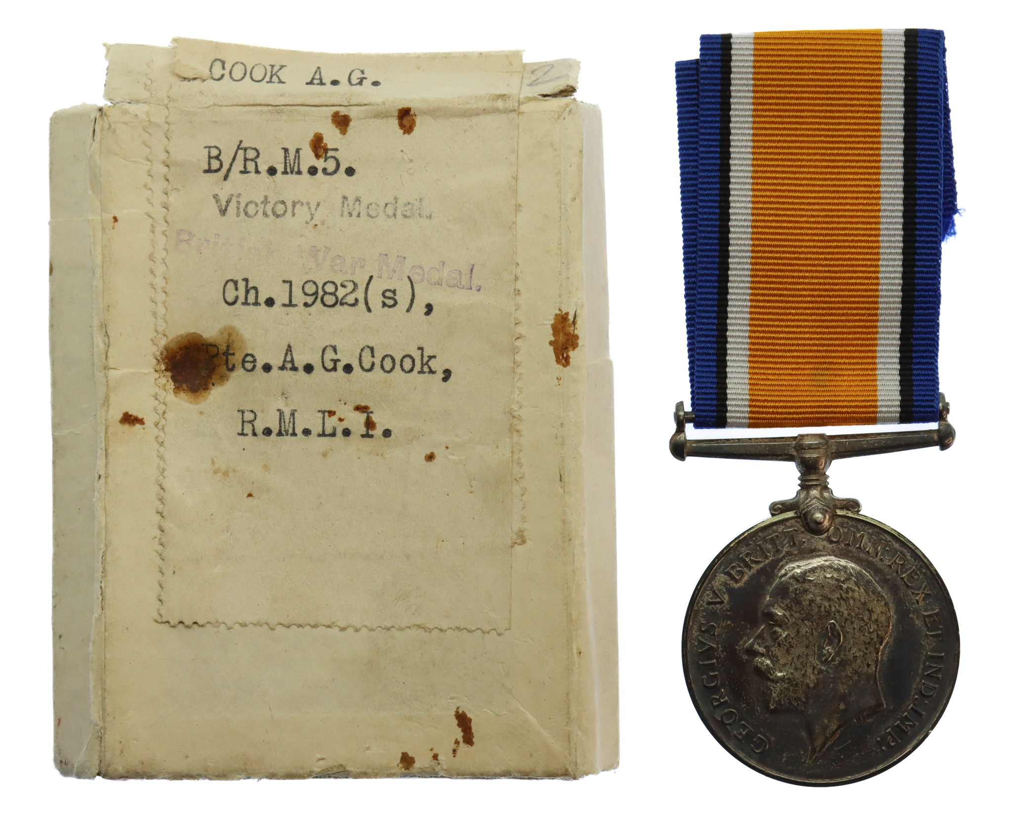 WW1 British War Medal - Pte. A.G. Cook, Royal Marine Light Infantry - Wounded